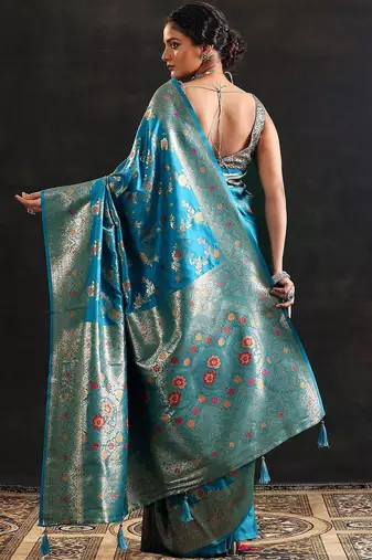 blue woven design saree with unstitched blouse piece