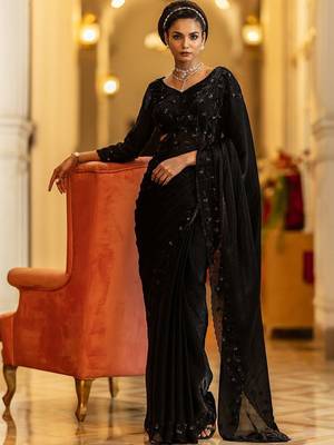 black embellished satin sarees with unstitched blouse piece 1