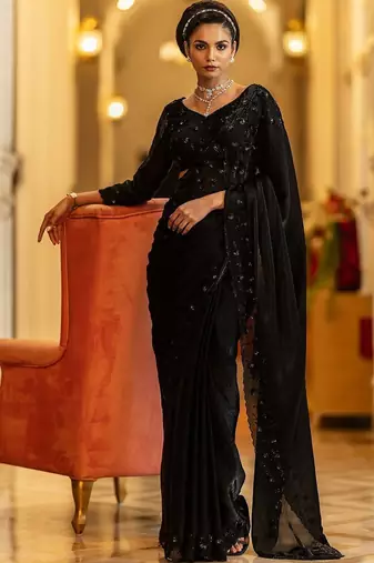 black embellished satin sarees with unstitched blouse piece