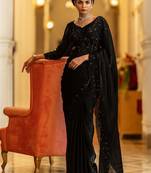 black embellished satin sarees with unstitched blouse piece