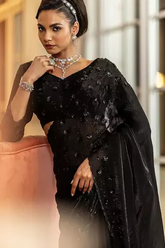 black embellished satin sarees with unstitched blouse piece