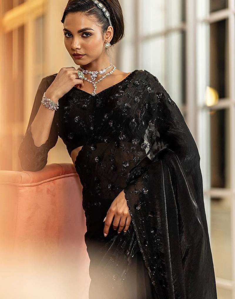 black embellished satin sarees with unstitched blouse piece