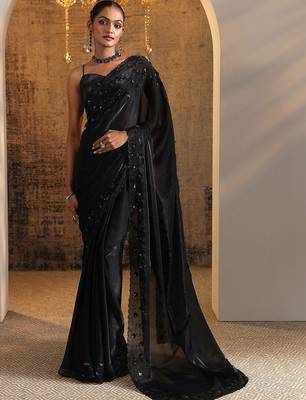 black embellished satin sarees with unstitched blouse piece 3