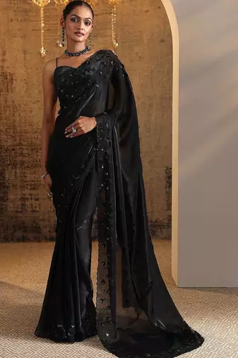 black embellished satin sarees with unstitched blouse piece