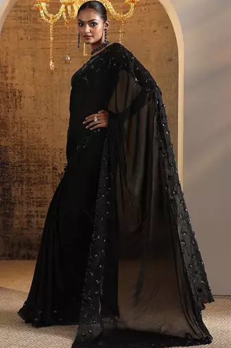 black embellished satin sarees with unstitched blouse piece