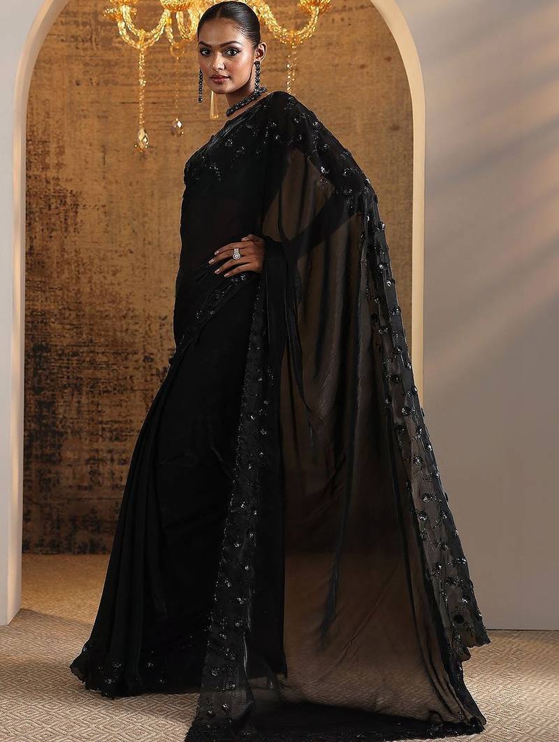 black embellished satin sarees with unstitched blouse piece