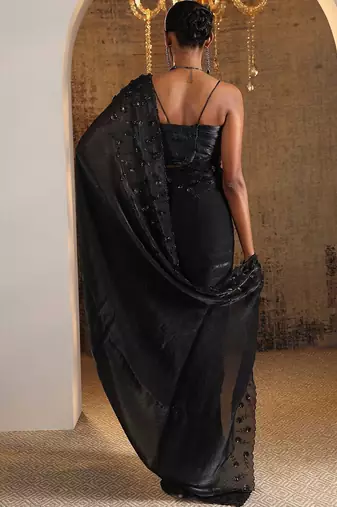 black embellished satin sarees with unstitched blouse piece