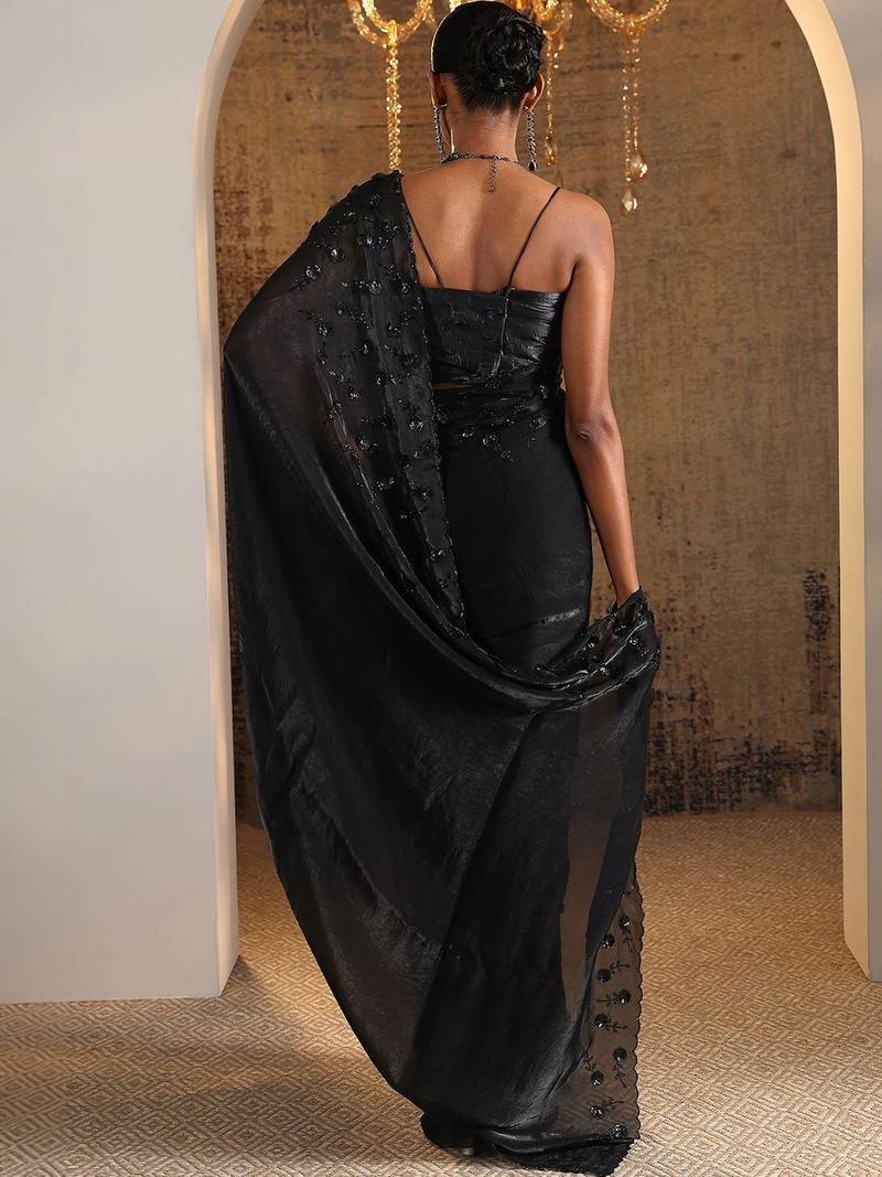 black embellished satin sarees with unstitched blouse piece