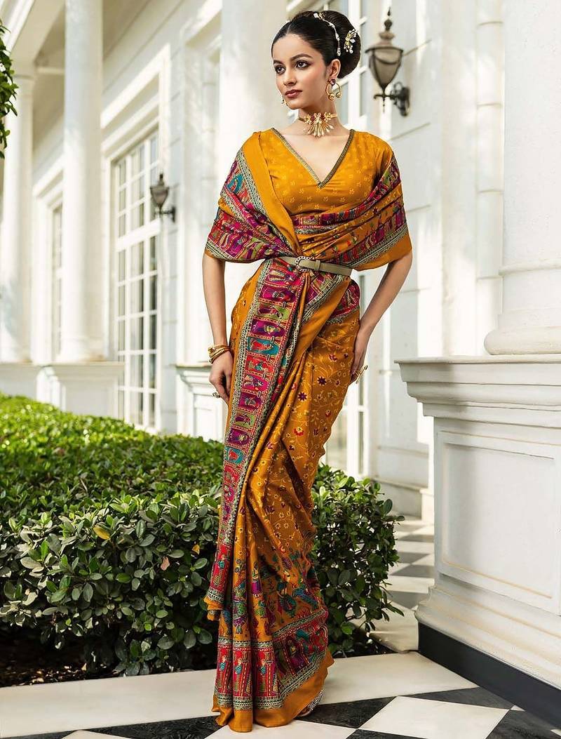 mustard printed crepe saree with unstitched blouse piece