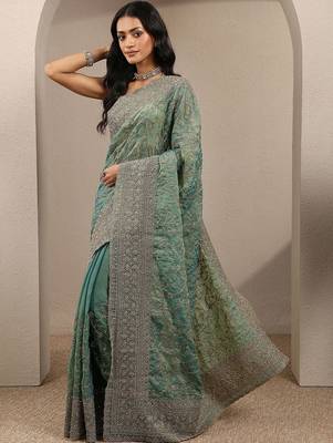 teal embroidered organza saree with unstitched blouse piece 3