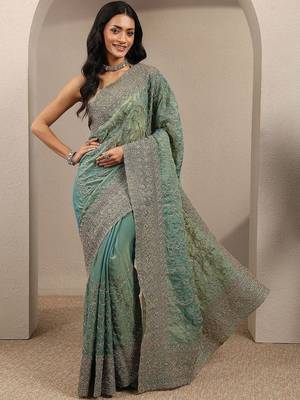 teal embroidered organza saree with unstitched blouse piece 4