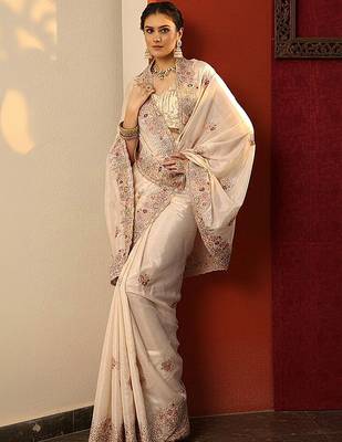 cream embroidered crepe saree with unstitched blouse piece 1