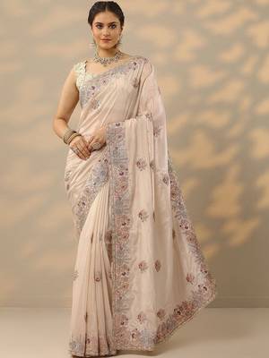 cream embroidered crepe saree with unstitched blouse piece 2