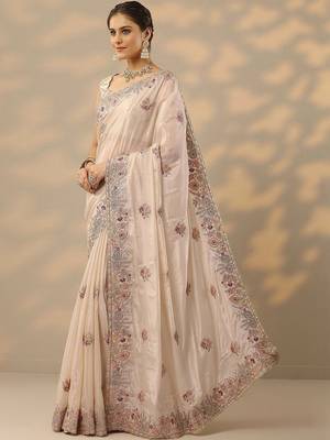cream embroidered crepe saree with unstitched blouse piece 3
