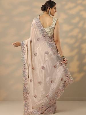 cream embroidered crepe saree with unstitched blouse piece 4