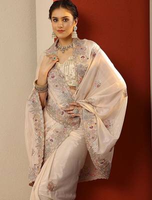 cream embroidered crepe saree with unstitched blouse piece 5