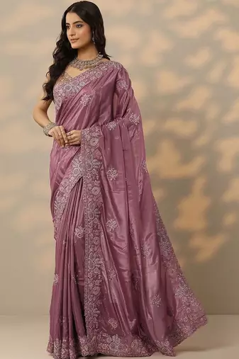purple embroidered crepe saree with unstitched blouse piece