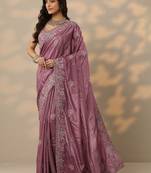purple embroidered crepe saree with unstitched blouse piece