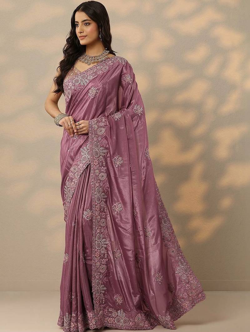 purple embroidered crepe saree with unstitched blouse piece