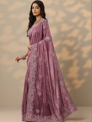 purple embroidered crepe saree with unstitched blouse piece 2
