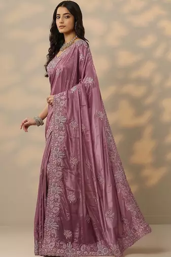 purple embroidered crepe saree with unstitched blouse piece