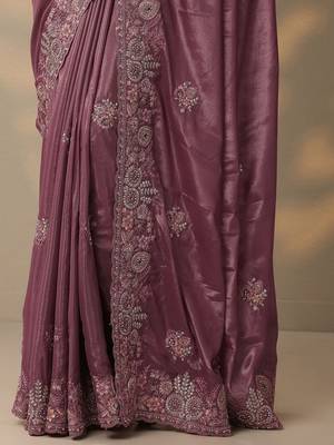 purple embroidered crepe saree with unstitched blouse piece 3