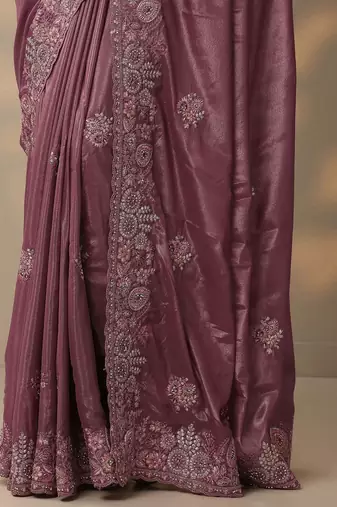 purple embroidered crepe saree with unstitched blouse piece