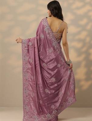 purple embroidered crepe saree with unstitched blouse piece 5