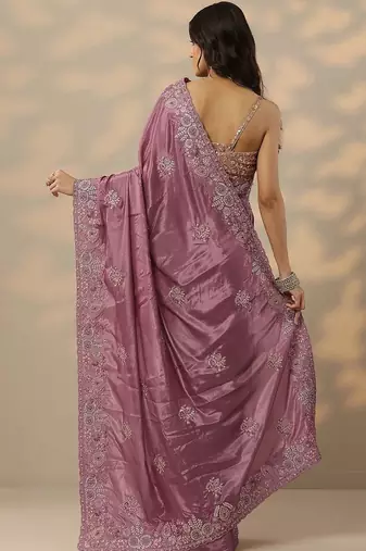 purple embroidered crepe saree with unstitched blouse piece