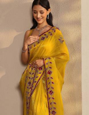 yellow embellished saree with unstitched blouse piece 1
