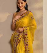 yellow embellished saree with unstitched blouse piece