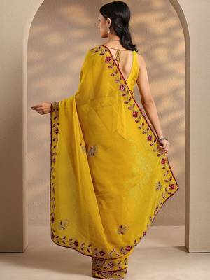 yellow embellished saree with unstitched blouse piece 3