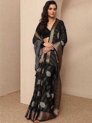 black printed georgette saree with unstitched blouse piece 1