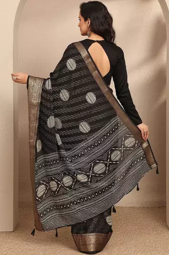 black printed georgette saree with unstitched blouse piece