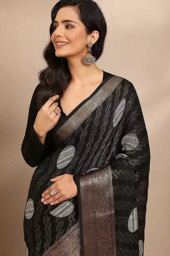 black printed georgette saree with unstitched blouse piece