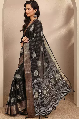 black printed georgette saree with unstitched blouse piece
