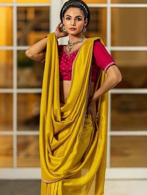 yellow sequinned silk blend saree 2