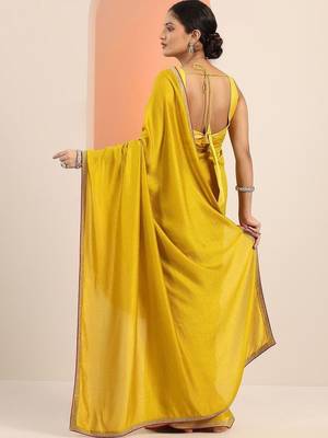 yellow sequinned silk blend saree 3