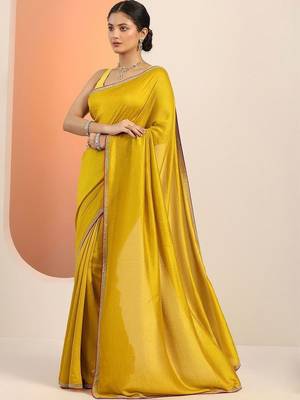 yellow sequinned silk blend saree 5