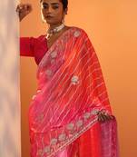 pink printed chinon saree with unstitched blouse piece