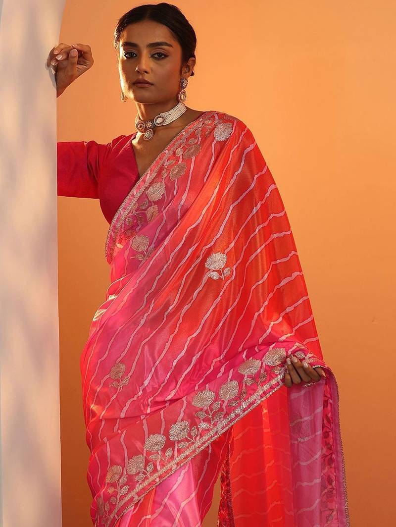 pink printed chinon saree with unstitched blouse piece