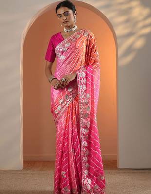 pink printed chinon saree with unstitched blouse piece 2