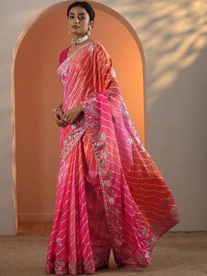 pink printed chinon saree with unstitched blouse piece 3