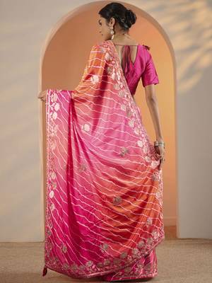 pink printed chinon saree with unstitched blouse piece 4