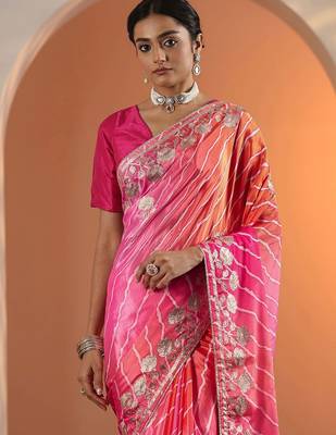 pink printed chinon saree with unstitched blouse piece 5