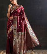 maroon woven design saree with unstitched blouse piece