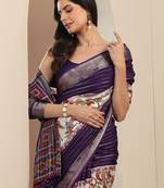 purple printed crepe saree with unstitched blouse piece