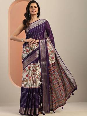 purple printed crepe saree with unstitched blouse piece 2
