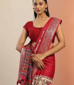 red printed crepe saree with unstitched blouse piece