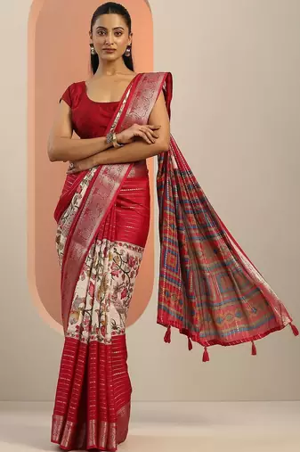 red printed crepe saree with unstitched blouse piece